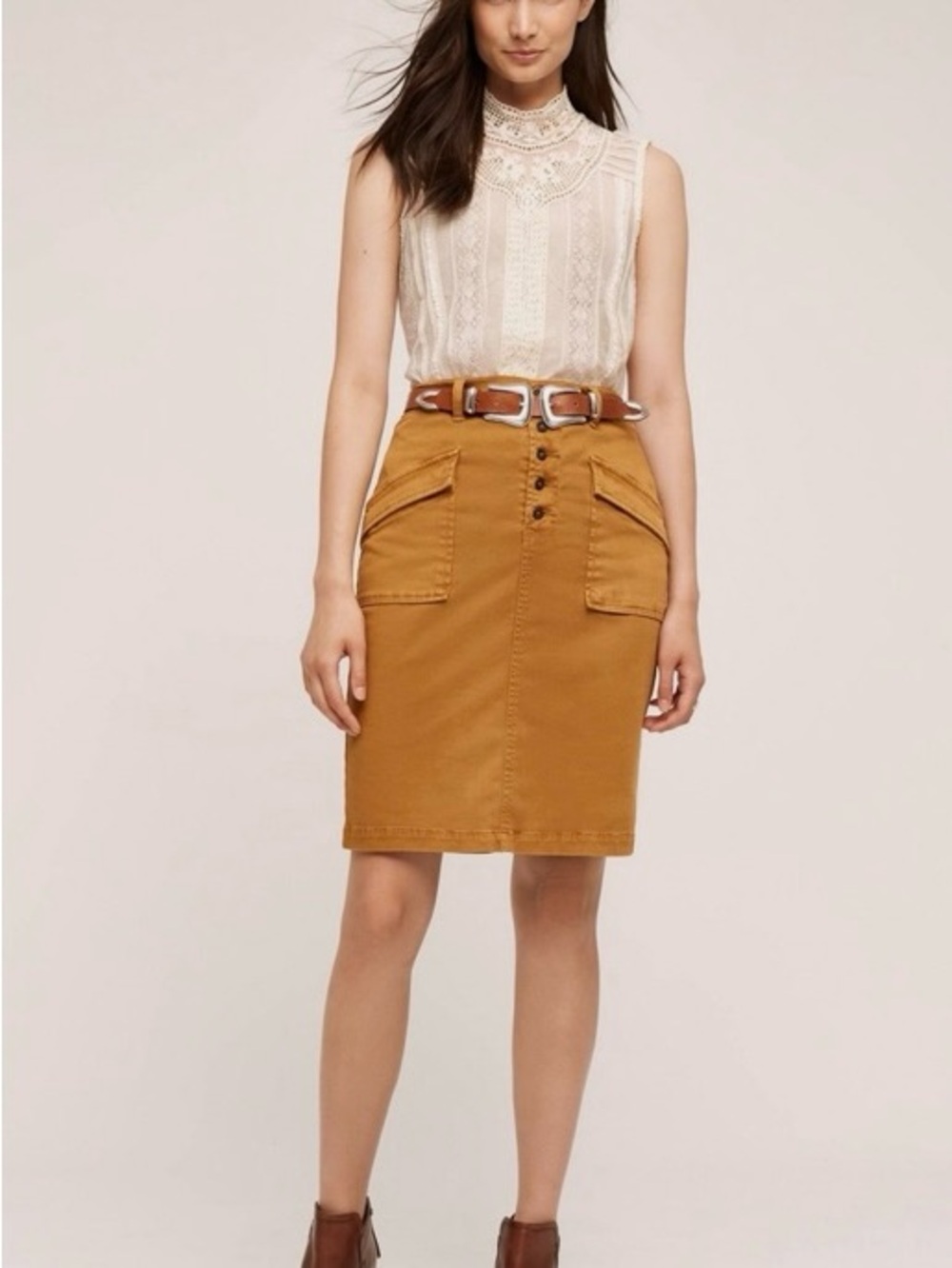 Anthropologie Button-Front Pencil Skirt in Mustard Gold